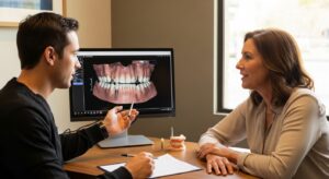A dentist consulting with a patient about affordable dental implants in a modern dental office.