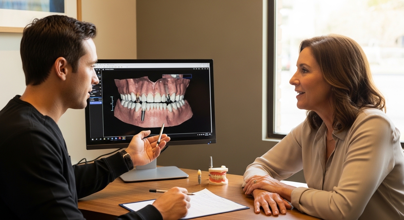 A dentist consulting with a patient about affordable dental implants in a modern dental office.