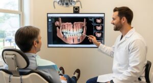 Dentist consulting a patient about full mouth dental implants