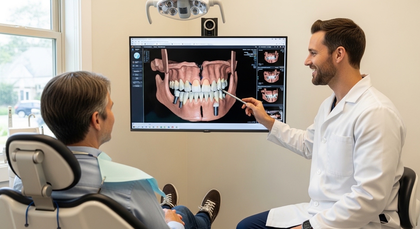 Dentist consulting a patient about full mouth dental implants