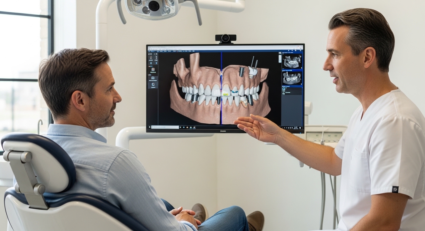 Dentist discussing inexpensive tooth implants with a patient
