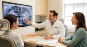 Dental consultation on affordable implants in a modern clinic